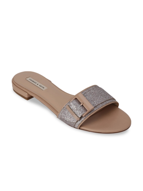 

CHARLES & KEITH Women Silver-Toned Embellished Fabric Open Toe Flats