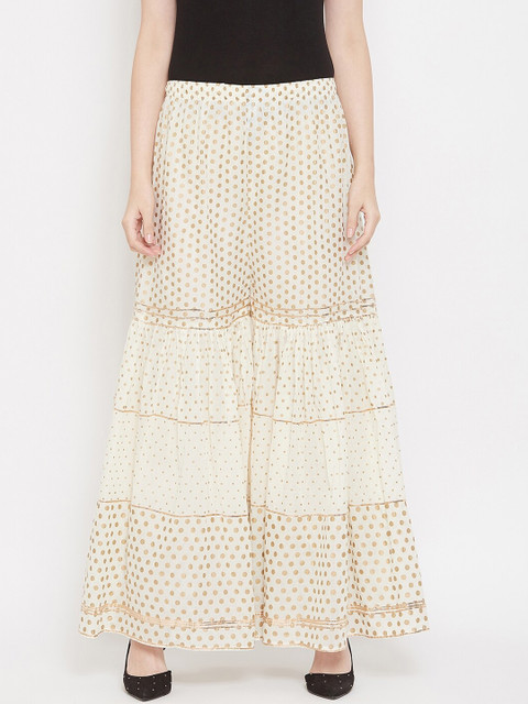 

TULIP 21 Women Off-White & Gold-Toned Polka Dots Printed Flared Palazzos