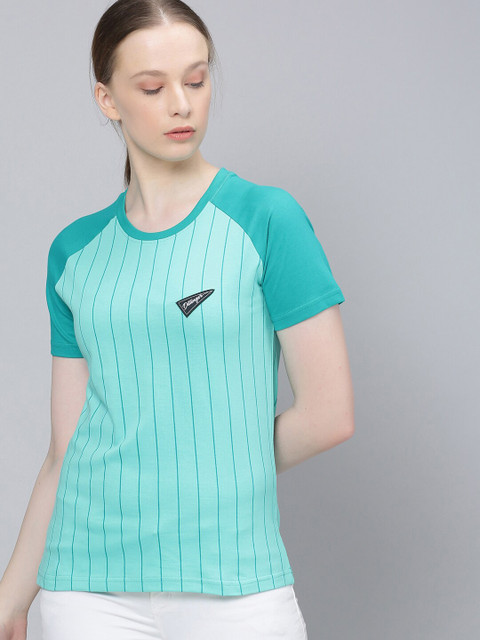 

DILLINGER Women Green Pure Cotton Striped Round Neck Pure Cotton T-shirt