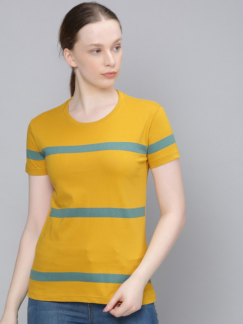 

DILLINGER Women Mustard Yellow & Teal Blue Striped Round Neck T-shirt