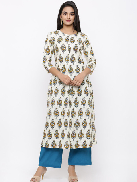 

Aprique FAB Women Off-White & Yellow Floral Print A-Line Kurta