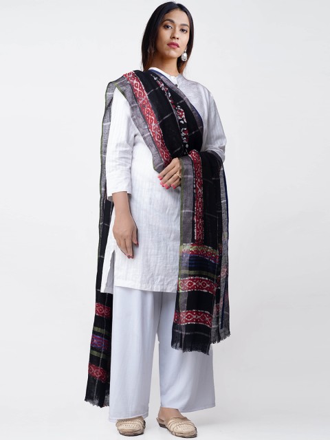 

Unnati Silks Black Printed Hand Batik Linen Dupatta