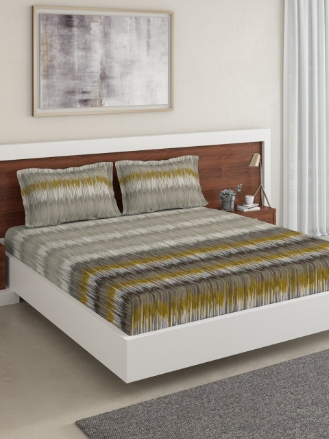 

DDecor Grey & Green Striped 140 TC Cotton 1 King Bedsheet with 2 Pillow Covers