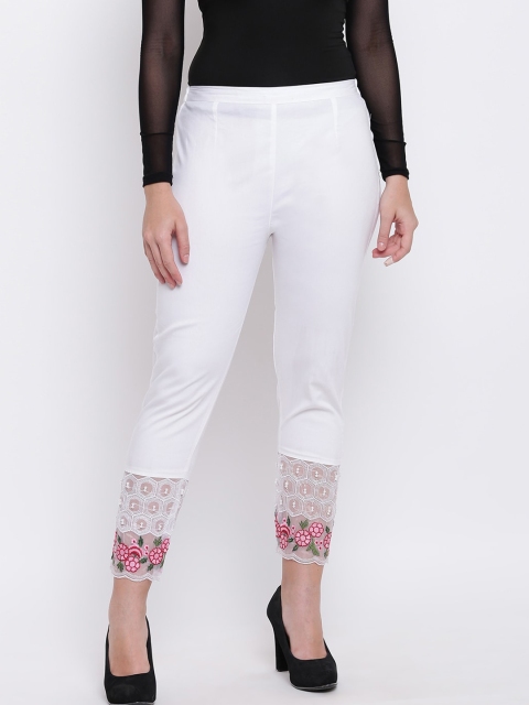 

RIVI Women White Slim Fit Embroidered Regular Trousers