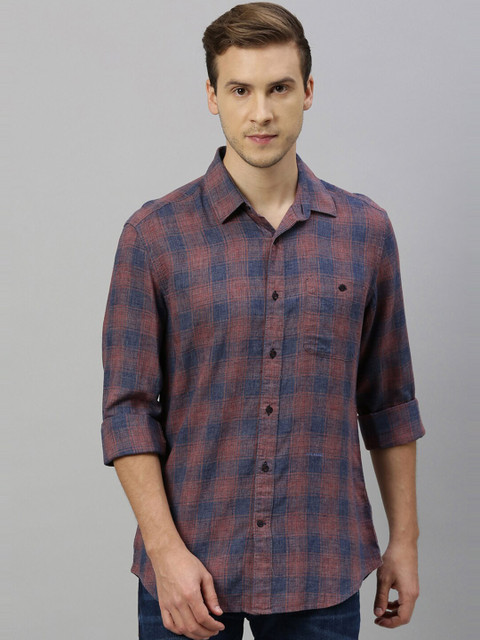 

RARE RABBIT Men Rust Brown & Navy Blue Tailored Fit Checked Casual Shirt