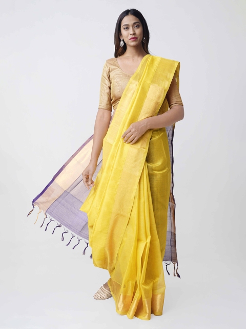 

Unnati Silks Yellow Pure Handloom Uppada Silk Cotton Saree with Tassels