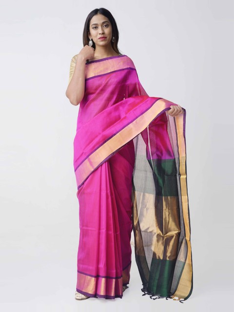 

Unnati Silks Pink Pure Handloom Uppada Silk Cotton Saree with Tassels