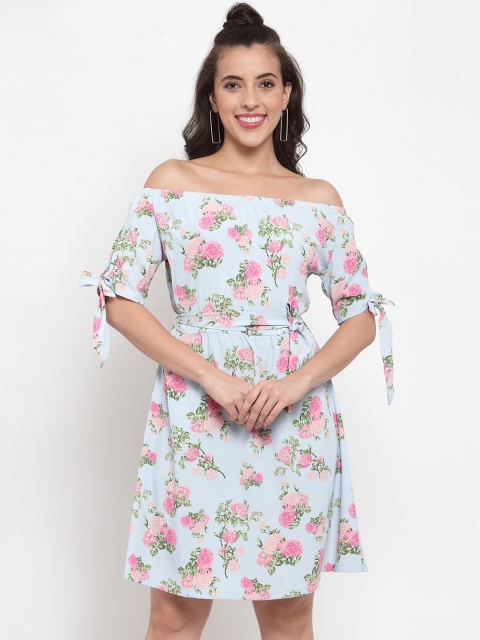 

FIVE STONES Women Pastel Blue & Pink Floral Print Fit & Flare Off-Shoulder Dress