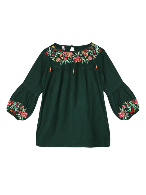 

Ishin DESIGNER STUDIO Girls Green Embroidered Top