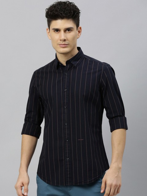 

RARE RABBIT Men Navy Blue & Beige Tailored Fit Striped Casual Shirt