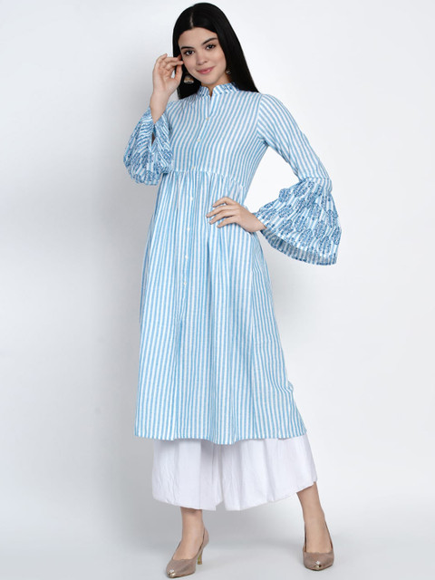 

SIAH Women Blue & White Striped Bell Sleeves Anarkali Kurta