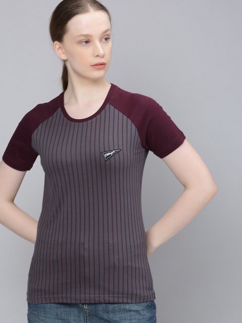 

DILLINGER Women Grey Maroon Striped Round Neck Pure Cotton T-shirt