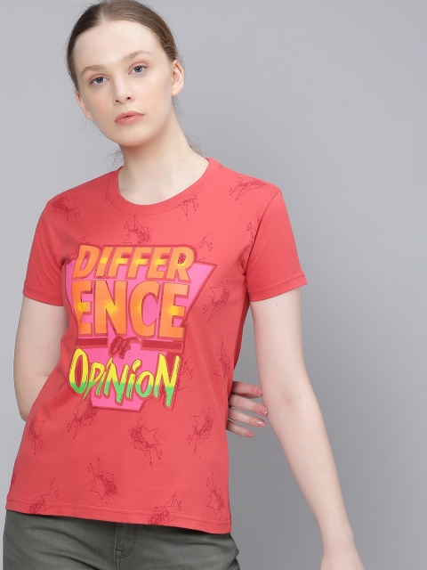

Difference of Opinion Women Red Printed Round Neck Pure Cotton T-shirt