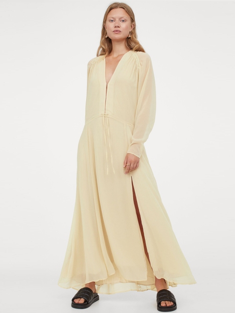 

H&M Women Beige Solid Long Chiffon Dress