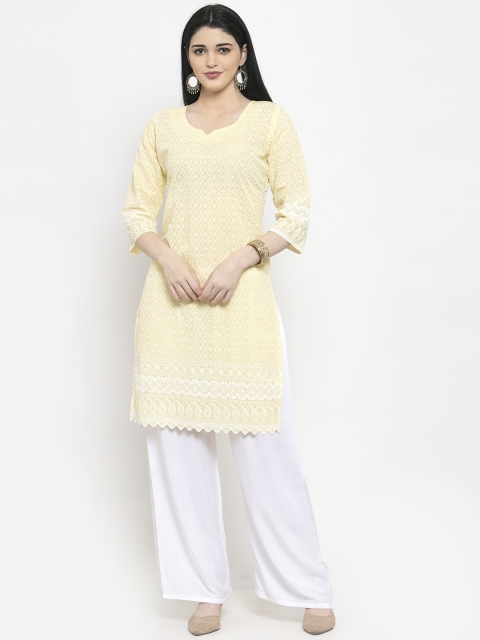 

Clora Creation Women Yellow Embroidered Chikankari Straight Kurta