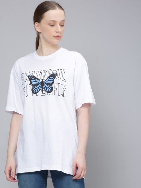 

DILLINGER Women White Printed Round Neck Oversized T-shirt