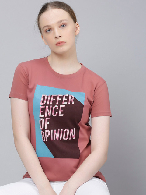 

Difference of Opinion Women Pink Printed Round Neck Pure Cotton T-shirt
