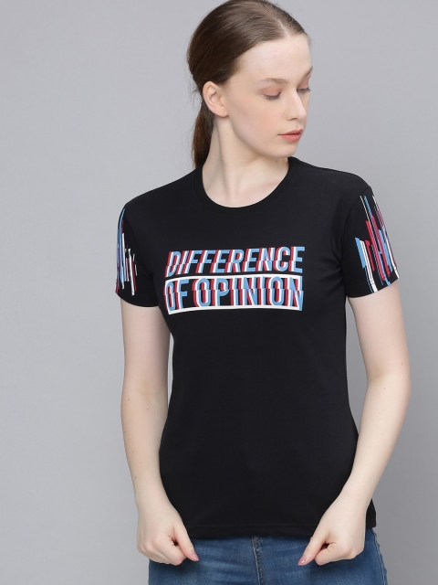 

Difference of Opinion Women Black Printed Round Neck Pure Cotton T-shirt