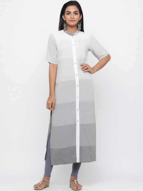 

Silai Bunai Women White & Grey Dyed Straight Kurta