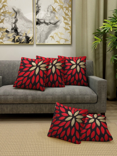 KLOTTHE Black & Red Set of 5 Embroidered Square Cushion Covers