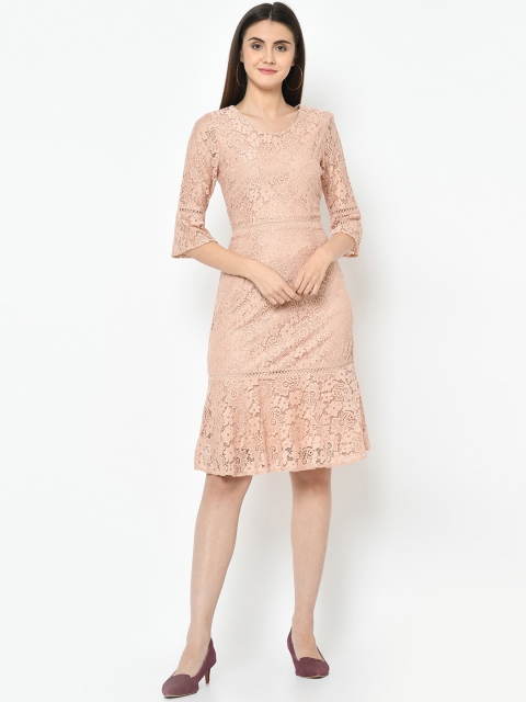 

Latin Quarters Women Beige Self Design Drop-Waist Dress with Lace Detail