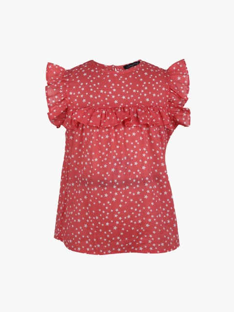 

Tiddlywings Girls Coral Red & SilveToned Printed Pure Cotton Top