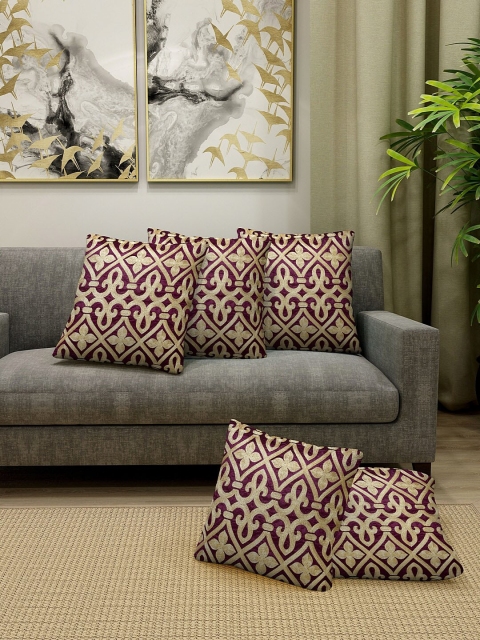 

KLOTTHE Set Of 5 Purple & Gold-Coloured Embroidered Square Cushions