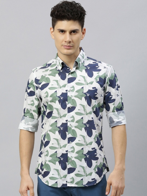 

RARE RABBIT Men White & Navy Blue Tailored Fit Printed Casual Shirt