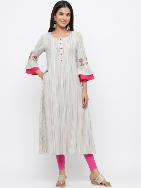 

Jaipur Kurti Women Off-White & Grey Striped Straight Kurta