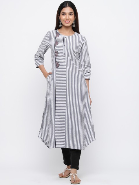 

Jaipur Kurti Women Grey & White Striped A-Line Kurta