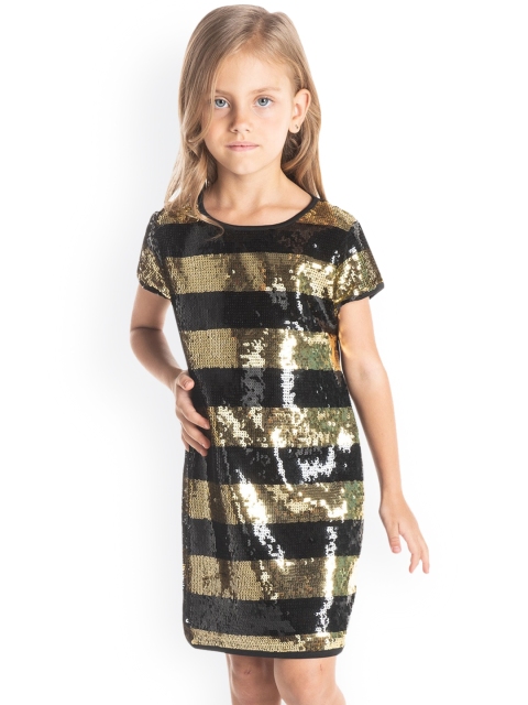 

Cherry Crumble Girls Black & Gold-Coloured Embellished T-shirt Dress