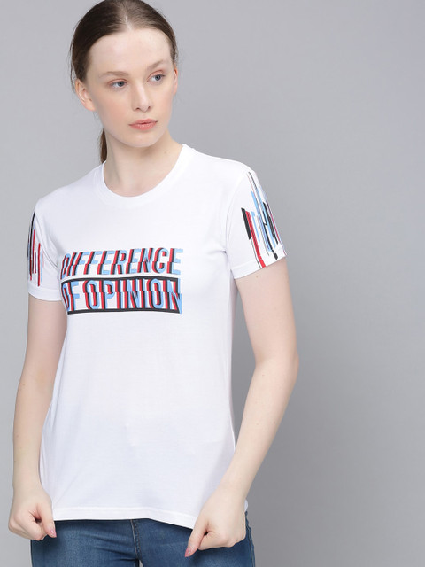 

Difference of Opinion Women White Printed Round Neck Pure Cotton T-shirt