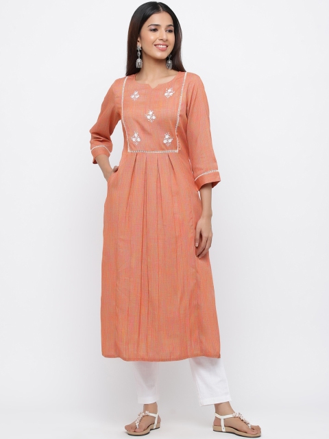 

Jaipur Kurti Women Orange & White Yoke Design A-Line Kurta