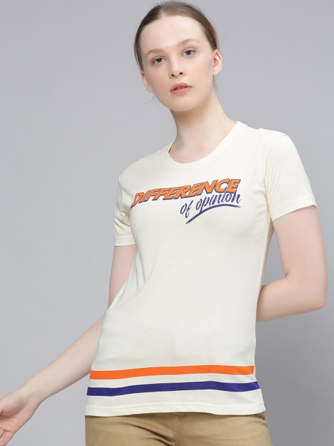 

Difference of Opinion Women White Printed Round Neck Pure Cotton T-shirt