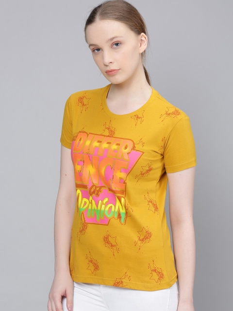 

Difference of Opinion Women Mustard Yellow Printed Round Neck T-shirt