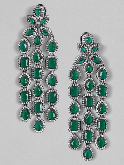 

Rubans Silver-Plated & Green Zircon Stone Studded Handcrafted Classic Drop Earrings