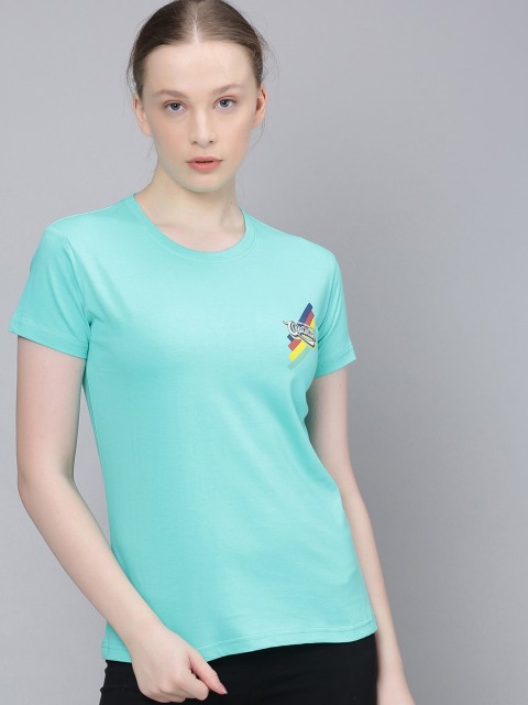 

Difference of Opinion Women Turquoise Blue Printed Round Neck Pure Cotton T-shirt