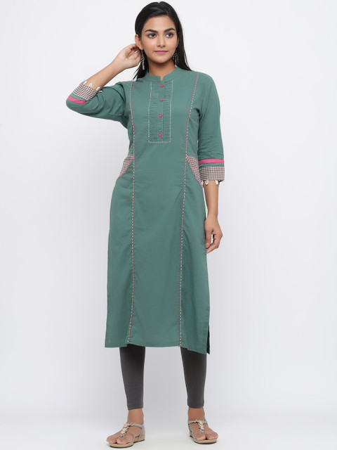 

Silai Bunai Women Green Solid Straight Kurta
