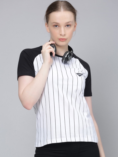 

DILLINGER Women White Black Striped Round Neck Pure Cotton T-shirt