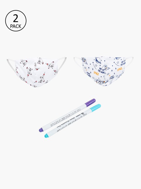 

Fame Forever by Lifestyle Boys Pack Of 2 White Printed 2-Ply Reusable Cloth Masks With Pen