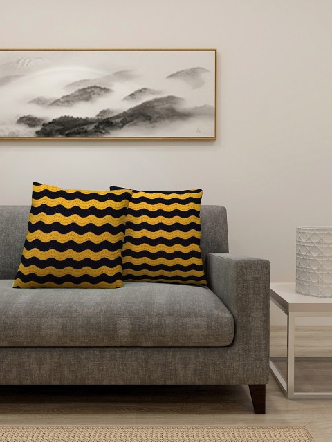 

KLOTTHE Yellow & Black Set of 2 Self Design Square Cushion Covers