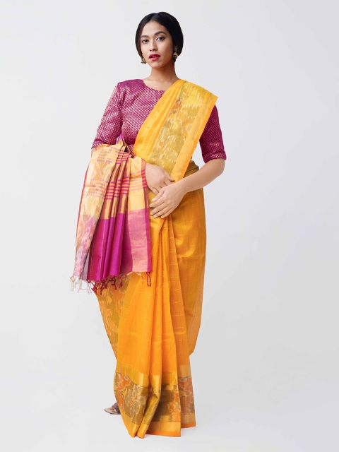 

Unnati Silks Yellow & Pink Silk Cotton Woven Design Kanjeevaram Saree