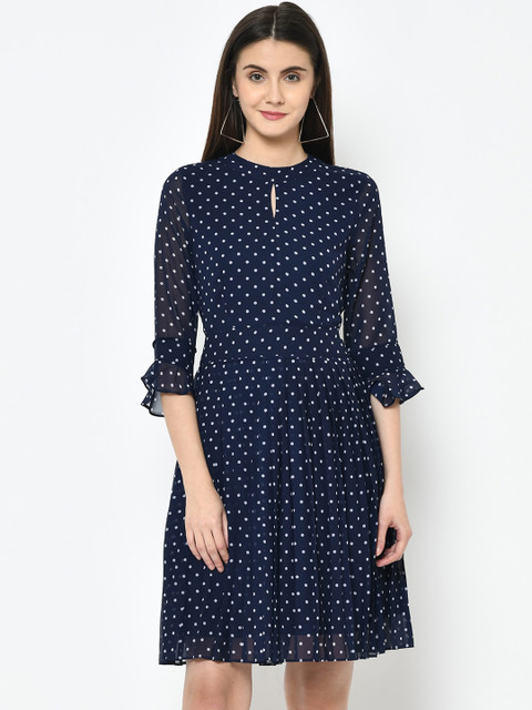 

Latin Quarters Women Blue Polka Dots Printed Fit and Flare Dress