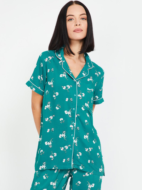 

Ginger by Lifestyle Women Teal Green & White Printed Lounge Shirt