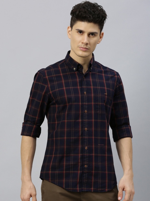 

RARE RABBIT Men Navy Blue & Red Tailored Fit Checked Casual Shirt