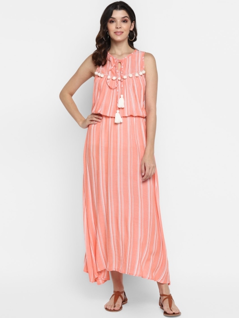 

MIAMINX Women Peach-Coloured & Off-White Striped Midi A-Line Dress
