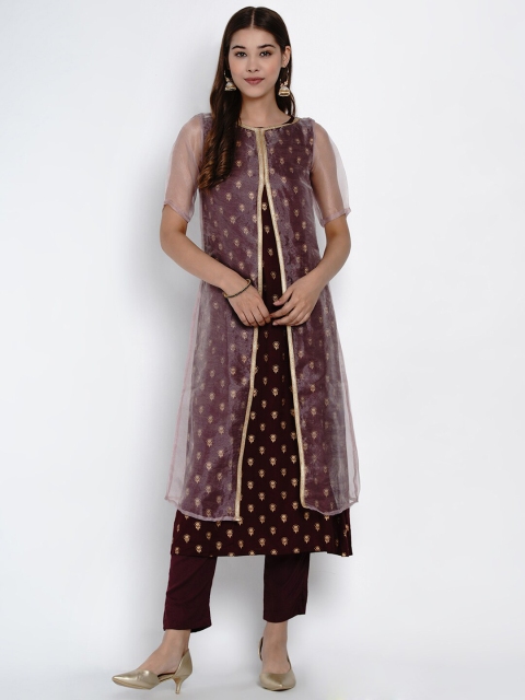 

SIAH Women Maroon & Gold Printed Kurta with Trousers & Jacket