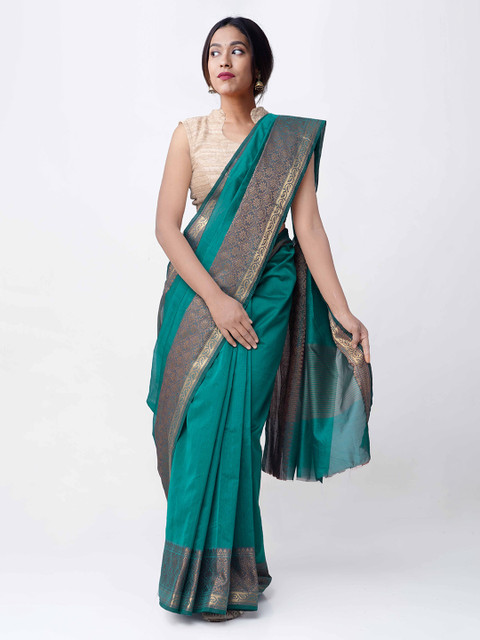 

Unnati Silks Green & Brown Silk Cotton Woven Design Chettinad Saree