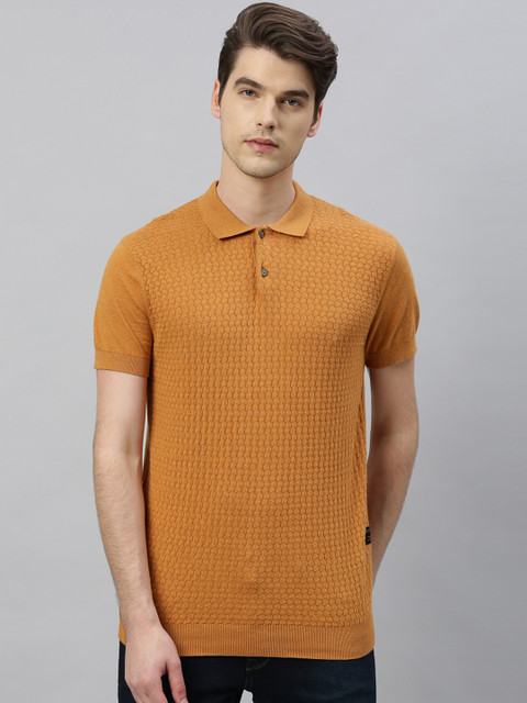 

RARE RABBIT Men Orange Self Design Polo Collar T-shirt