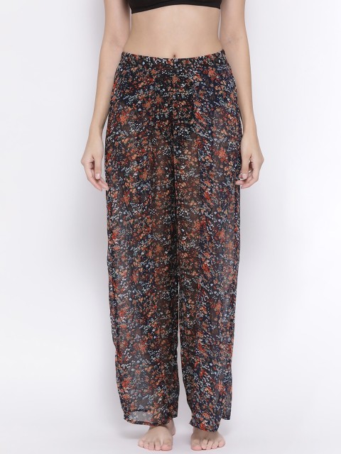 Oxolloxo Women Black & Orange Floral Printed Swim Pants